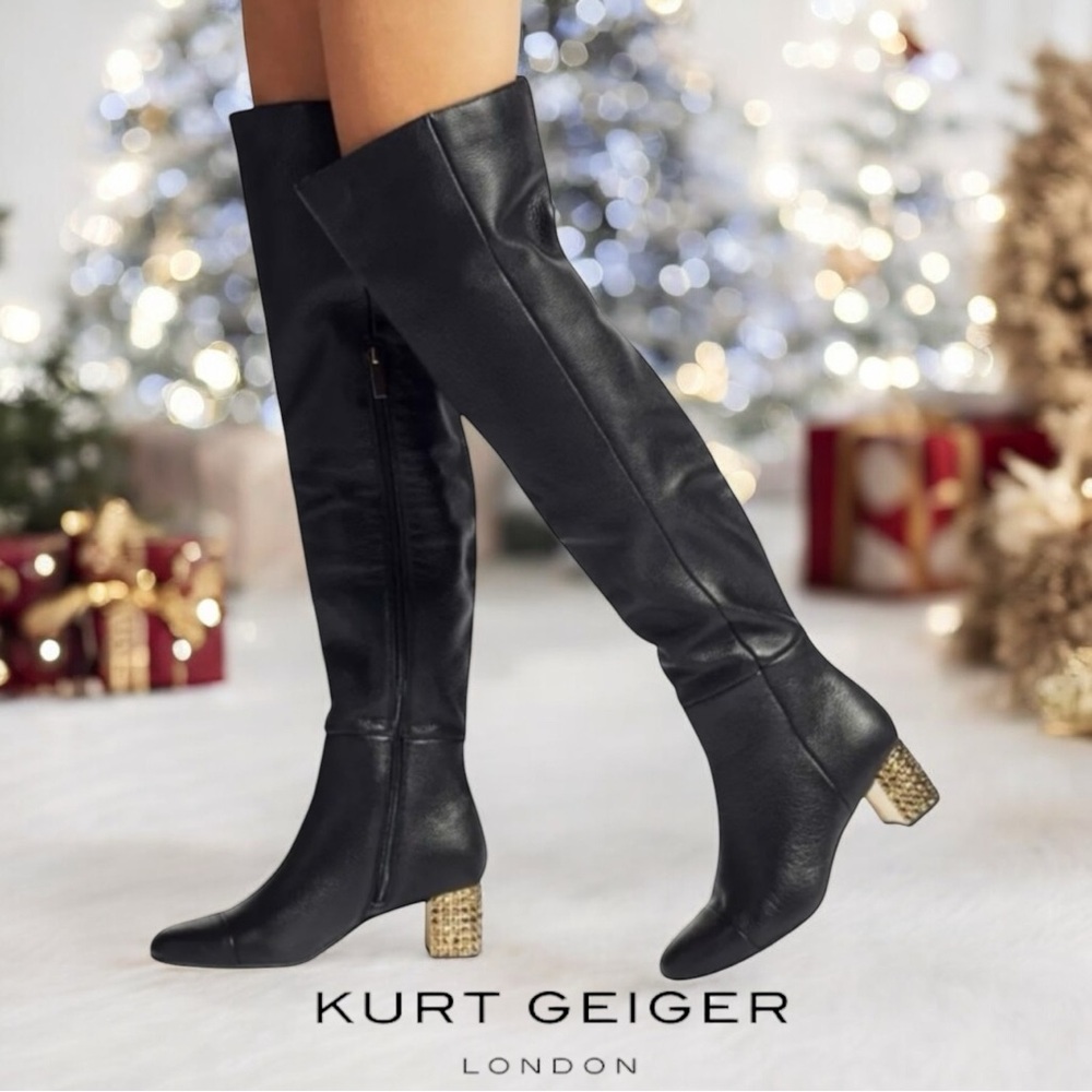 Kurt Geiger Black Over the Knee Boots with Gold Heel